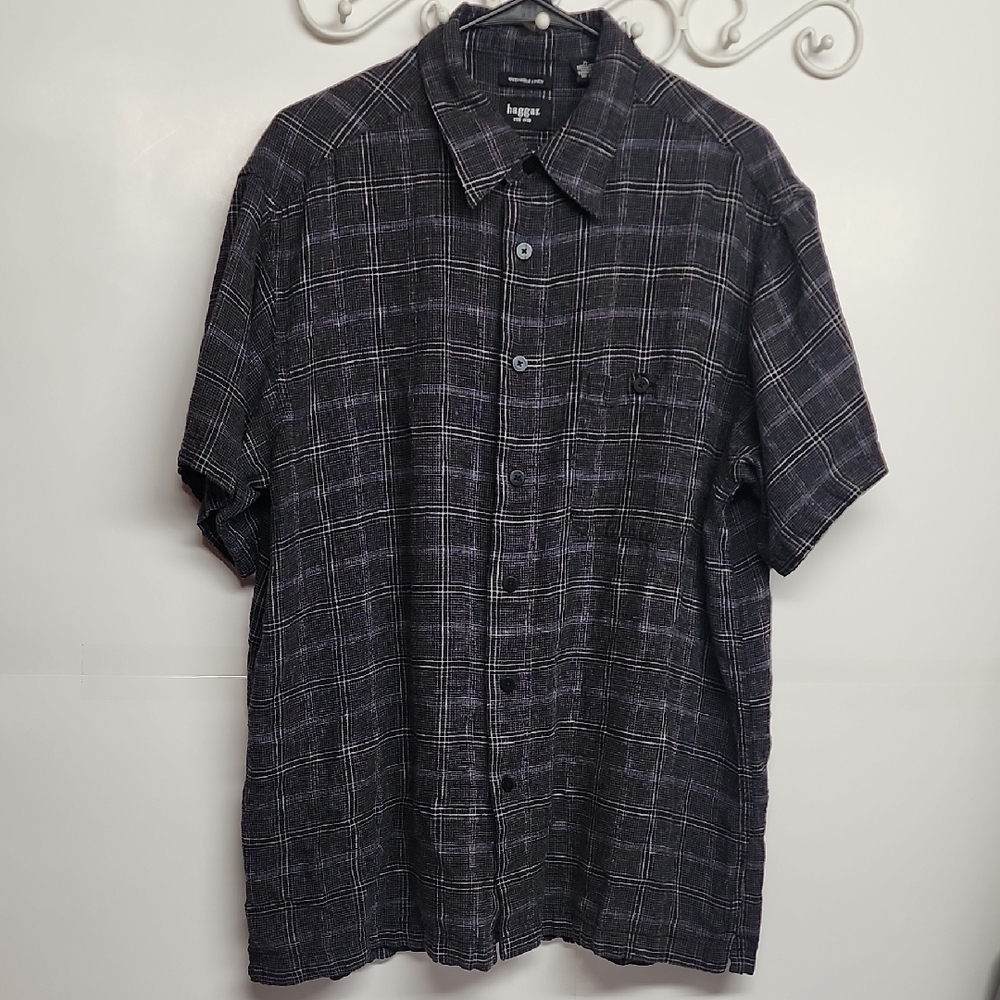 Haggar Men's Black Plaid Washable Linen Button-down Short Sleeve Shirt. Sz XL